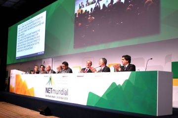 Closing NETmundial 2014, chairs of the Executive Multistakeholder Committee and chairs of the High Level Multistakeholder Committee present the event's final document that incorporates a balance of the considerations presented by all stakeholders.