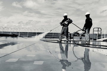 Black and white photo of two seafarers pressure washing a ship's deck