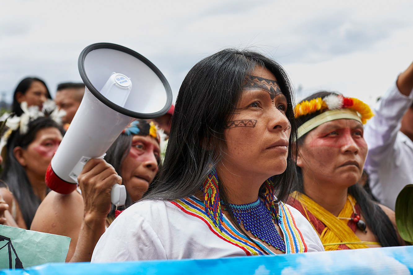 Amazonian women during the 2020 mobilization for International Women's Day, demanding sovereignty over their ancestral lands.