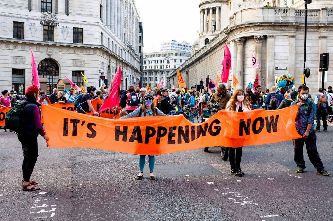 Extinction Rebellion protesters outside the Bank of England, part of their 2021 